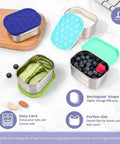 4-Pack 8oz stainless steel snack containers with leak-proof silicone lids, filled with cucumber and berries, on a countertop.