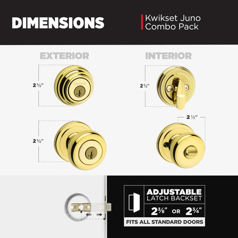 Keyed Front Door Knob And Deadbolt Set With SmartKey Rekey, Polished Brass Exterior Entry Kit dimensions diagram
