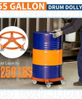 Workhorse Heavy Duty Drum Dolly With 4 Wheels, Steel Oil Barrel Cart For Moving Bulk Cylinders, 55 gallon capacity shown with orange and blue barrel.