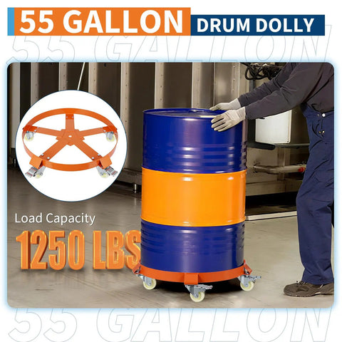 Workhorse Heavy Duty Drum Dolly With 4 Wheels, Steel Oil Barrel Cart For Moving Bulk Cylinders, 55 gallon capacity shown with orange and blue barrel.