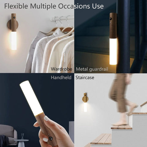 Motion Sensor LED Night Light Magnetic USB Rechargeable for wall or handheld use in wardrobe, stairs, and hallways.