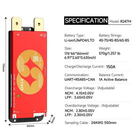 Smart Battery Management System Offering Top Drawer 150 Amp Performance With 1A Active Balancing For 4S To 8S Lifepo4 And Lithium Packs Enabling Plug And Play Rs485 Can Connectivity, showing product specifications and size.