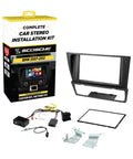Plug And Play Double DIN Radio Installation Dash Kit For 2007 To 2012 BMW 3 Series With Auto Climate Control And Fiber Optic Amplified System Keeps Steering Wheel Controls And Factory Harness Intact For A Smooth No Hassle Aftermarket Stereo Upgrade, shown with box and components