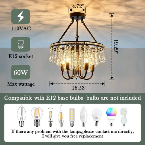 Dope Modern Semi Flush Mount Crystal Chandelier With Five Lights In Matte Black Ceiling Fixture, E12 bulbs not included