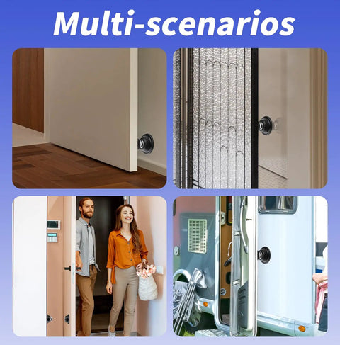 Heavy Duty RV Magnetic Door Catch 2 Pack shown on various doors in homes and RV, indicating versatile use.