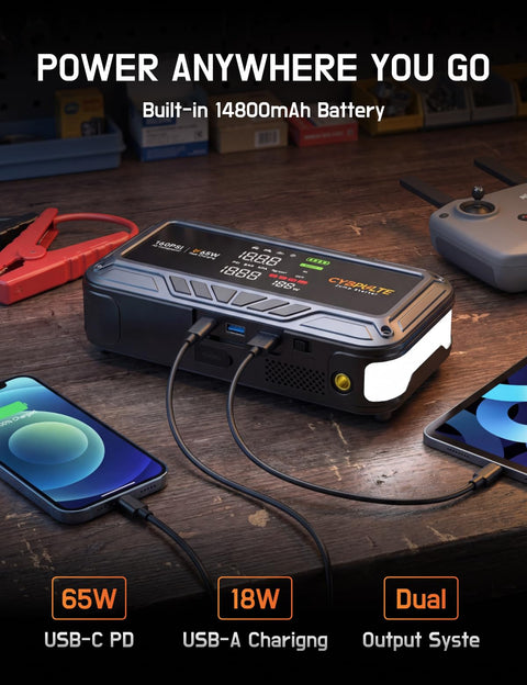Roadside Lifesaver All In One Jump Starter With Air Compressor And USB C Fast Charge 8000A Peak 160 PSI Tire Inflator LCD