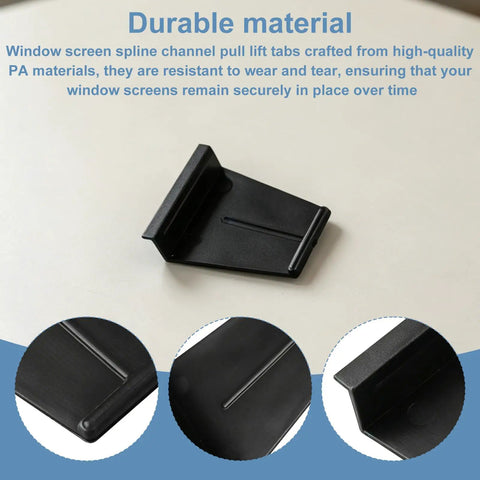 Thirty Piece Window Screen Pull Tabs And Spline Channel Lift Tools For Effortless Door Repair Durable Plastic Sliders showing black tab on surface.