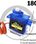 Mechatronics Servo Tester Kit With SG90 9G Micro Servo 180 Degree RC Servo Tester Controller Power Supply Case 4AA Battery Holder JR Connector Easy Setup Starter Pack For RC Cars Drones And DIY Projects showing dimensions and rotation angle.