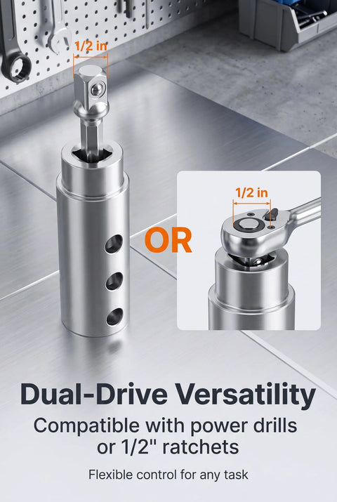 Beefy Stainless Steel Trailer Jack Drill Adapter Replaces Broken Handles Fast With One Inch Drive Shaft And Half Inch Socket Bit Ideal For Rv Campers, showing a half-inch socket drive.