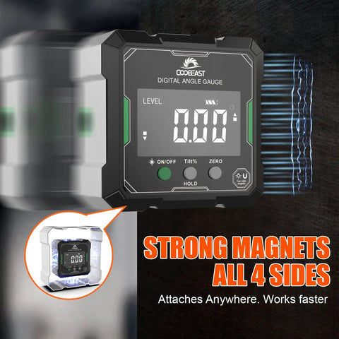 Digital Angle Finder With Dual Hella Bright Green Lasers And Rugged Magnetic Base Four Side Layout Gauge for precise measurements.
