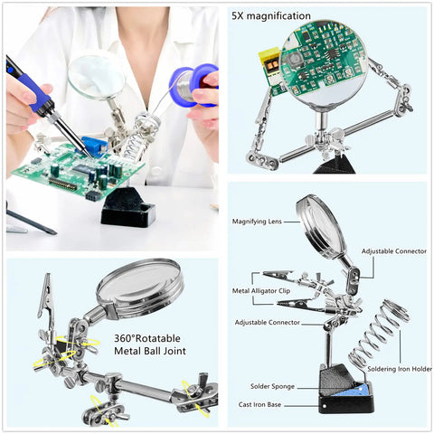 All In One 100W Soldering Iron Kit With LCD Temperature Display, Adjustable Heat, Magnifying Glass, Helping Hands shown in use