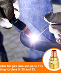 TIG welding using Five-Piece Gas Lens Collet Bodies 45V43 1/16 Inch Copper TIG Welding Torch Consumables Kit with gloves.