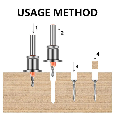 Diagram of an Adjustable Quick Change Countersink Drill Bit Set For Woodworking And DIY Projects 8mm Round Shank showing usage method.