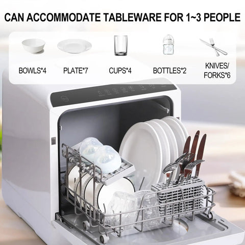 Compact Countertop Dishwasher With Built-In Water Tank For Apartments And RVs, Mini Portable Tabletop Washer With Drying Function, Five Programs Like Normal Quick Eco Baby Care Fruit, Quick Clean In 29 Minutes with tableware inside.