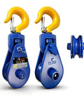 Heavy Duty 2 Ton Snatch Block With Hook 3 Inch Sheave 3 Eighths Inch Wire Rope Hauler Pulley For Offroad Recovery Towing And Logging Rugged Steel Corrosion Resistant Ideal For Trucks SUVs And Small Vans 2 Pack blue steel snatch block with hook and sheave