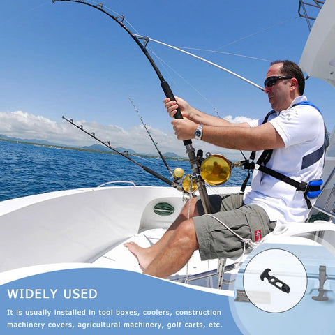 Rock Solid Rubber Hood Catch Latches With Mounting Brackets image with fishing rod holder on a boat.