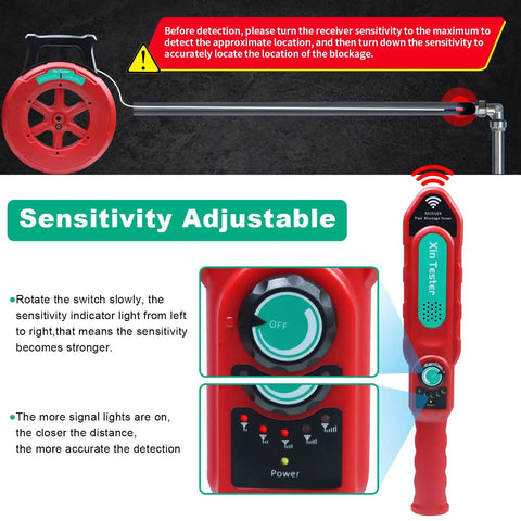 Underground Pipe Locator And Blockage Detector showing sensitivity adjustments for PVC and metal pipes