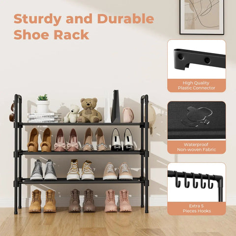 Three Tier Shoe Rack Organizer With Five Hooks For Closet shown with shoes and hooks, featuring sturdy plastic connectors.