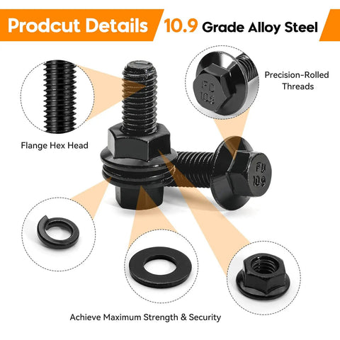 Nuts And Bolts Assortment Kit 280 Piece For M6 M8 M10 Flange Bolts With Lock And Flat Washers, 10.9 Grade Alloy Steel Screws Black Zinc shown