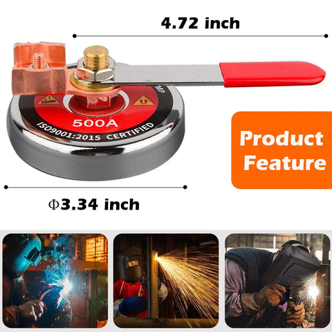 Beefy 500 Amp Magnetic Welding Ground Clamp with 3.34 inch quick release magnetic mount, shown with handle and dimensions.