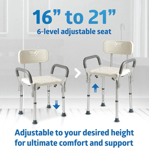 Heavy Duty Shower Chair With Padded Armrests And Back For Inside Shower Comfort And Safety Slip Resistant Bathtub Seat With Adjustable Height And Built To Last Support Up To 350 Lbs Capacity adjustable to 16 to 21 inches height.