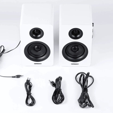 SW208 3 Inch Active Bluetooth 5.0 Bookshelf Speakers Pair With 60 Watt Output Carbon Fiber Drivers Built In 24 Bit DAC White Finish