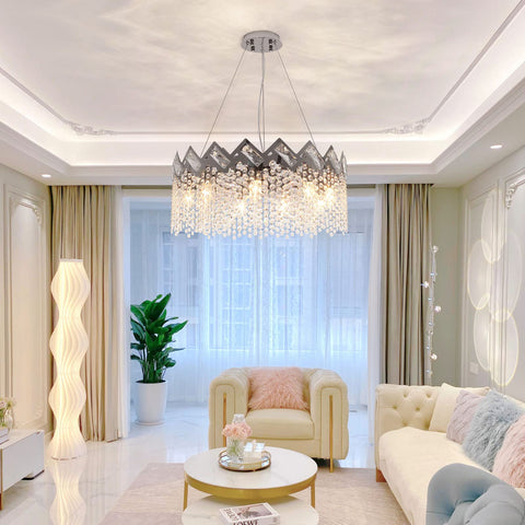 Dope Modern K9 Crystal Chandelier With Nine Lights Raindrop Pendant Ceiling Light Chrome Finish in a modern living room