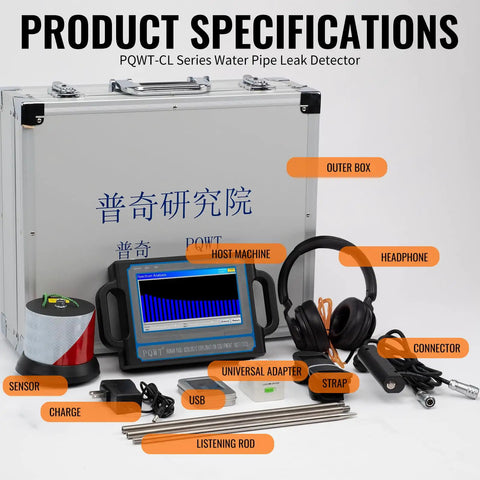 Water Leak Detector Kit For Home And Outdoor Pipes With Acoustic Sensor, LCD Touchscreen, Carry Case, and accessories.