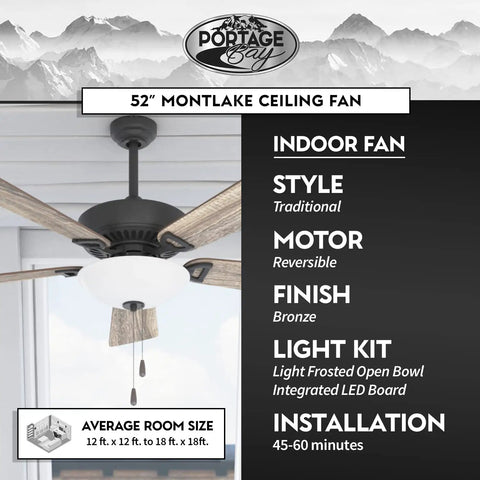 Montlake 52 Inch Bronze Ceiling Fan With Bowl Light Dope LED Bulbs Included Quiet Reversible Motor and dual blade finishes