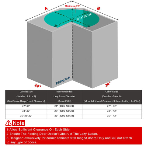 Diagram showing dimensions for installing Base Corner Cabinet Lazy Susan Organizer Kidney Shaped 28 Inch Diameter 270 Degree Turntable.