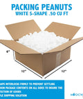 Heavy Duty White Packing Peanuts For Zero Stress Shipping Anti Static S Curve Half Cubic Foot Void Fill in open box.