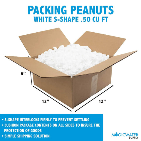 Heavy Duty White Packing Peanuts For Zero Stress Shipping Anti Static S Curve Half Cubic Foot Void Fill in open box.