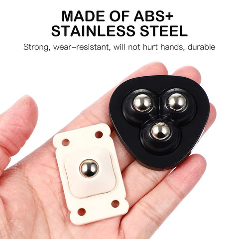 Close-up of 32 Pack Self Adhesive Mini Caster Wheels with 360 Degree Swivel, ABS and Stainless Steel Build, in hand