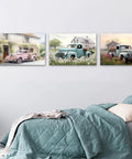 Farmhouse Style Truck Wall Art Set Of 3, rustic old trucks with floral accents on canvas, vintage American farm decor in bedroom