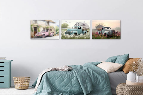Farmhouse Style Truck Wall Art Set Of 3, rustic old trucks with floral accents on canvas, vintage American farm decor in bedroom