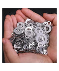 Hands holding metal washers from All In One Stainless Steel Washer And Fastener Assortment Kit 684 Piece Box With M2 To M12 Sizes