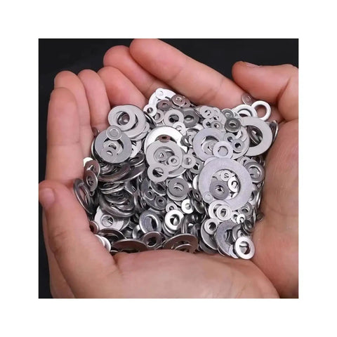 Hands holding metal washers from All In One Stainless Steel Washer And Fastener Assortment Kit 684 Piece Box With M2 To M12 Sizes