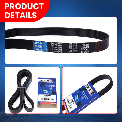Premium 8PK1865 Serpentine Belt For Toyota Tundra 5.7L Engines Fits 2009 to 2011 Models, displayed on packaging and belt layout.