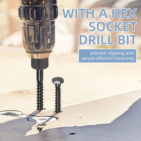 Beefy 100 Pack Wood Lag Screws Three Eighths Inch By Two Inches Hex Head Bolts in use with hex socket drill bit on plywood