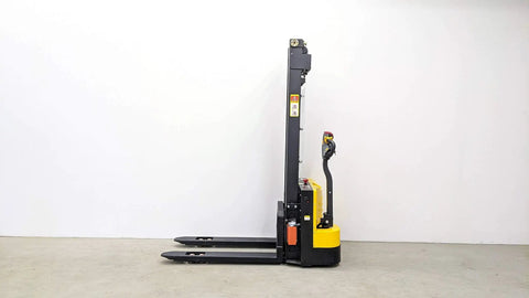 Heavy Duty Electric Thin Leg Pallet Stacker As A No Fuss Heavy Hitter With 2204 Lb Load Capacity And 130 Inch Lift Height featured in profile view.