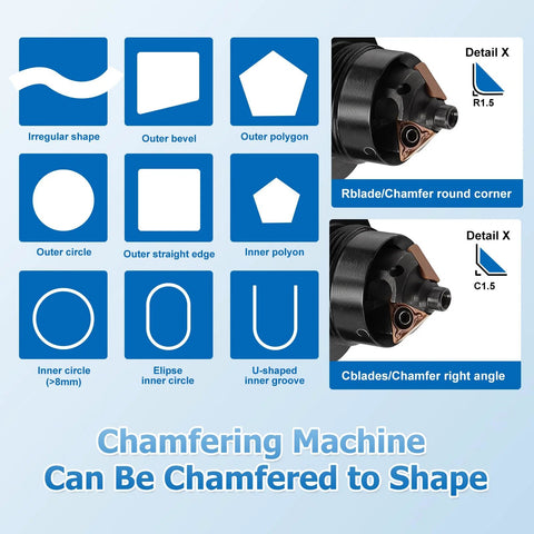 Front view of mini pneumatic handheld chamfering tool with 45-degree tile chamfer kit and C&R angle blades.