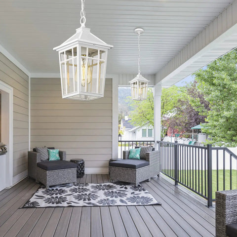Outdoor Pendant Light Fixture With Seeded Glass, Weatherproof Aluminum Hanging Porch Light For Entryway Or Farmhouse Style, Rust Proof IP65 Waterproof, Shock Resistant And Thermally Stable, White Finish For Durable Exterior Lighting
