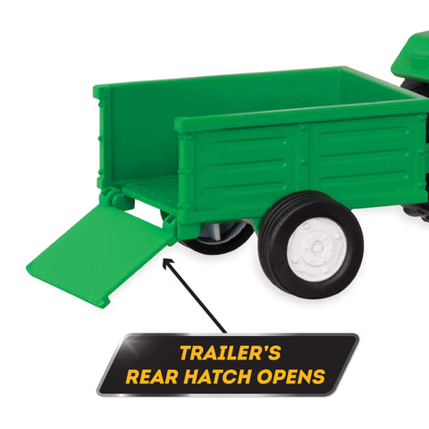 7-Inch Tractor Toy With Lights And Sounds, Movable Parts And Detachable Trailer With Rear Hatch shown with open rear hatch