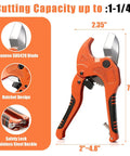 Image of a Heavy Duty PVC Pipe Cutter for PVC CPVC PEX PP R PE and more up to one and a quarter inch with one hand operation and V shaped blade, showing Japanese SUS420 blade, ratchet design, and safety lock.