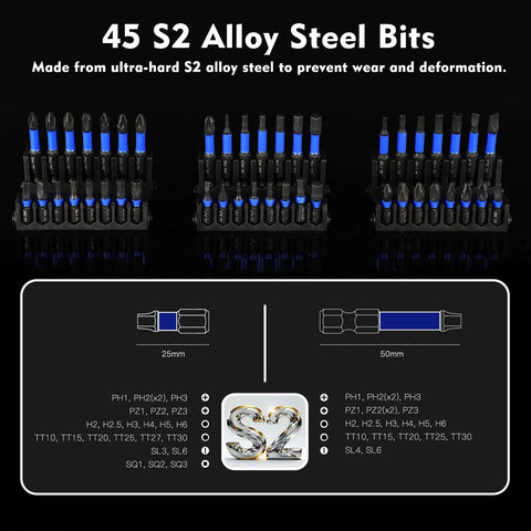 Magnetic Impact Nut Driver Set With SAE And Metric Deep Sockets Ratcheting Screwdriver Universal Socket Wing Nut Driver Extensions And Power Bits For Pro Mechanics And DIYers showing 45 S2 alloy steel bits.