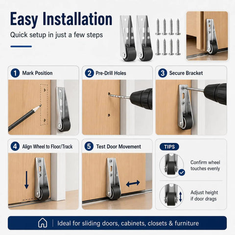 Easy installation guide for Built Tough Vertical Track Roller Wheels With Quiet Rubber Casters For Sliding Barn Doors And Cabinets 110 Lb Bottom Support Kit.