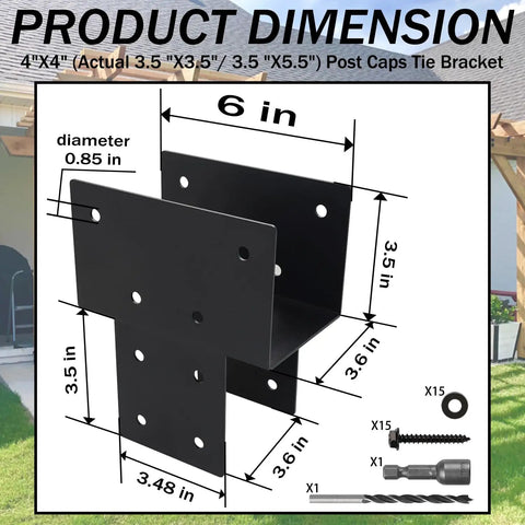 Heavy Duty Post Cap Tie Brackets For 4x4 Wood Posts To Beams, 2 Pack, Rustproof Steel Construction, Waterproof Connectors For Outdoor Decks And Fences, Fits Actual 3.5x3.5 Inch Posts