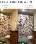 Comparison of CFL light with 80 CRI and Cree light with 90+ CRI in bathroom, enhancing colors and clarity in shower curtain pattern.