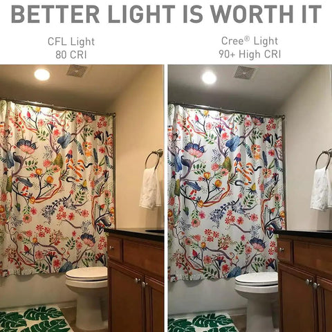 Comparison of CFL light with 80 CRI and Cree light with 90+ CRI in bathroom, enhancing colors and clarity in shower curtain pattern.