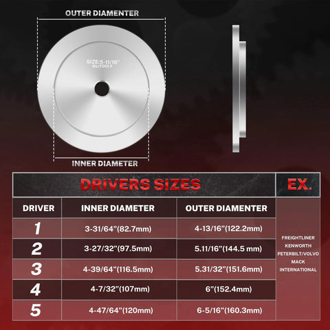 BILITOOLS truck hub seal installer kit disk showing inner/outer diameter chart and side view.